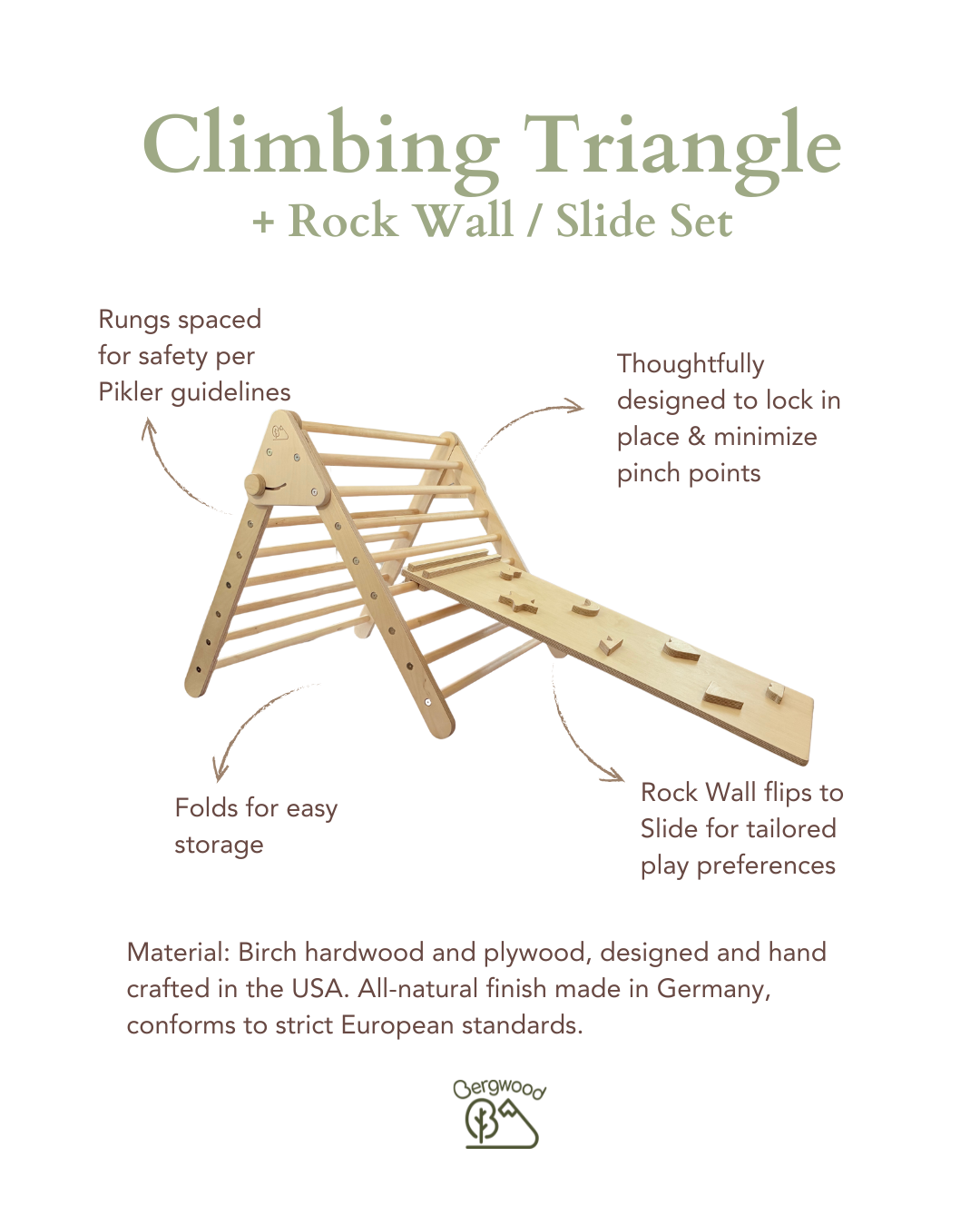 Pikler-Style Climbing Triangle + Rock Wall / Slide Set