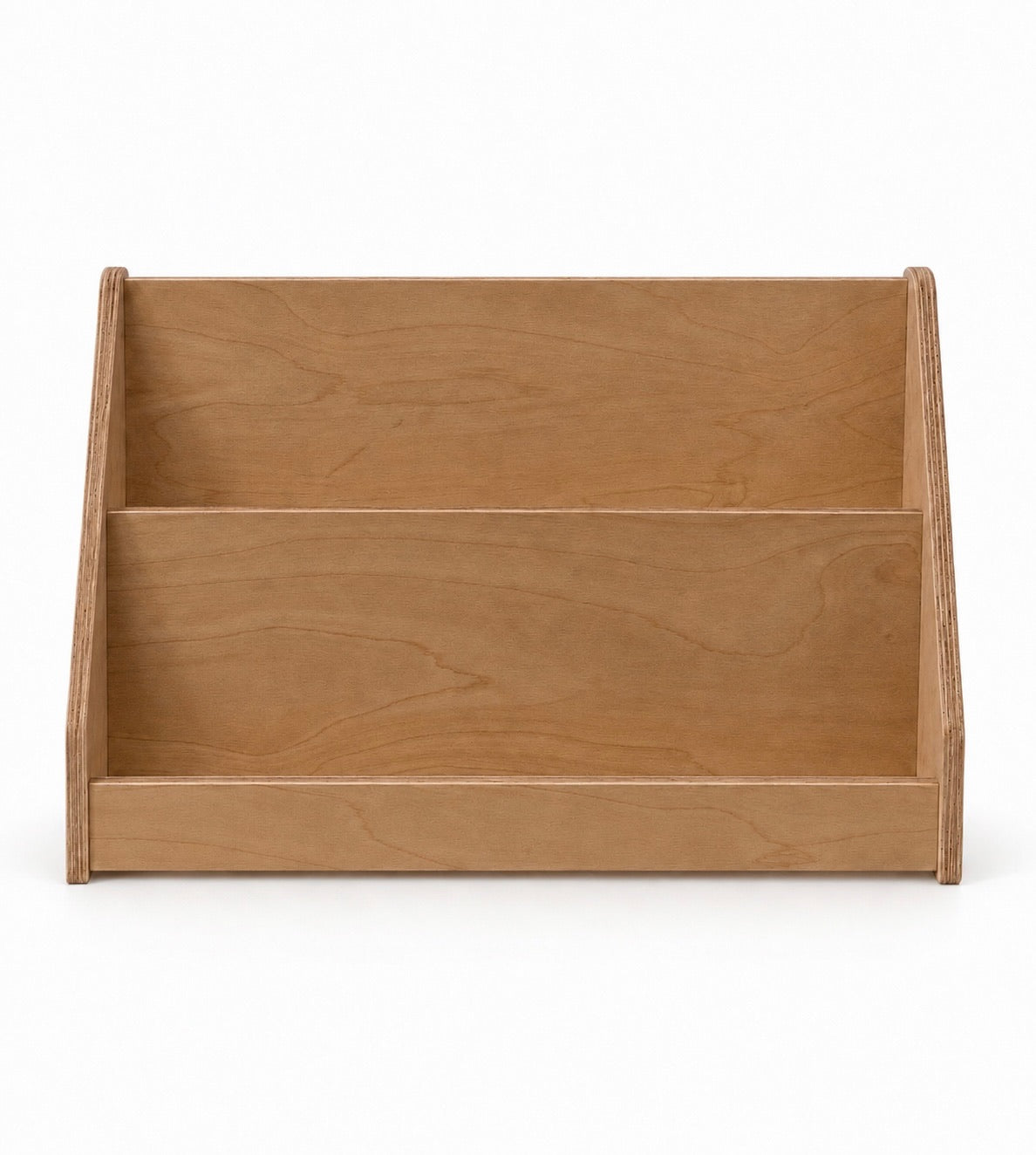 A two-tier wooden bookshelf organizer with a natural cherry wood finish, shown from a front angle on a white background.