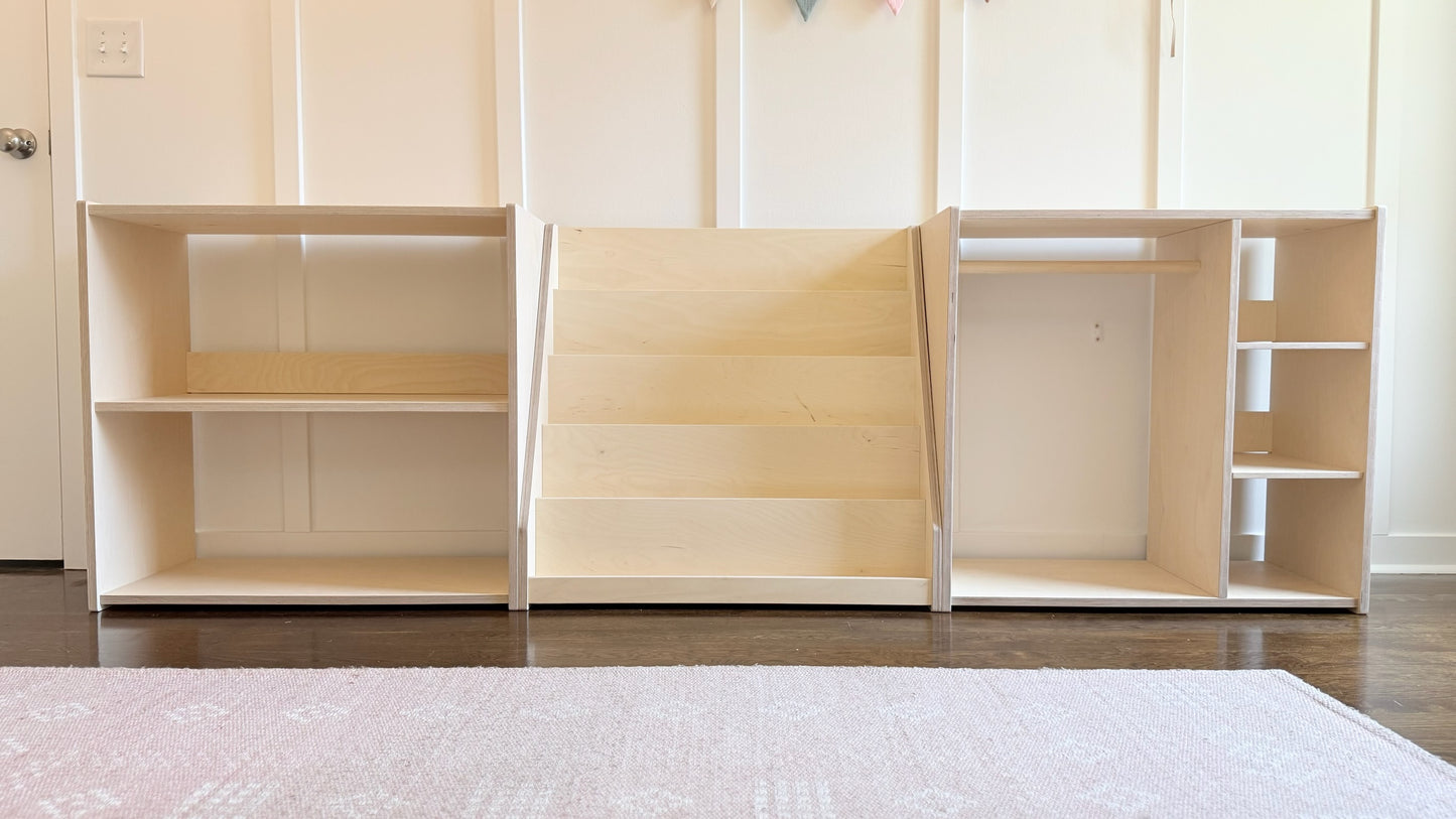 Wooden shelving system against a white wall