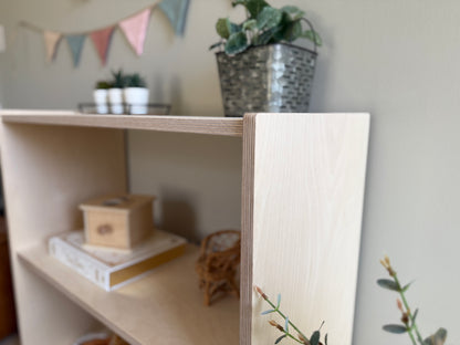 Close up of birch wood end grain on toy shelf.