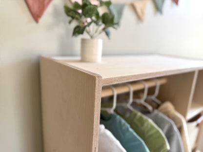Close up of wardrobe shelf birch wood end grain.