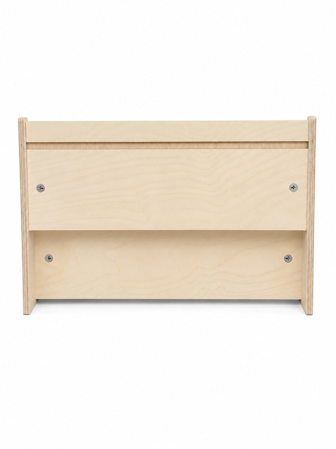 A light natural wood bookshelf back side organizer with two tiers secured by small metal screws, shown against a plain white background.