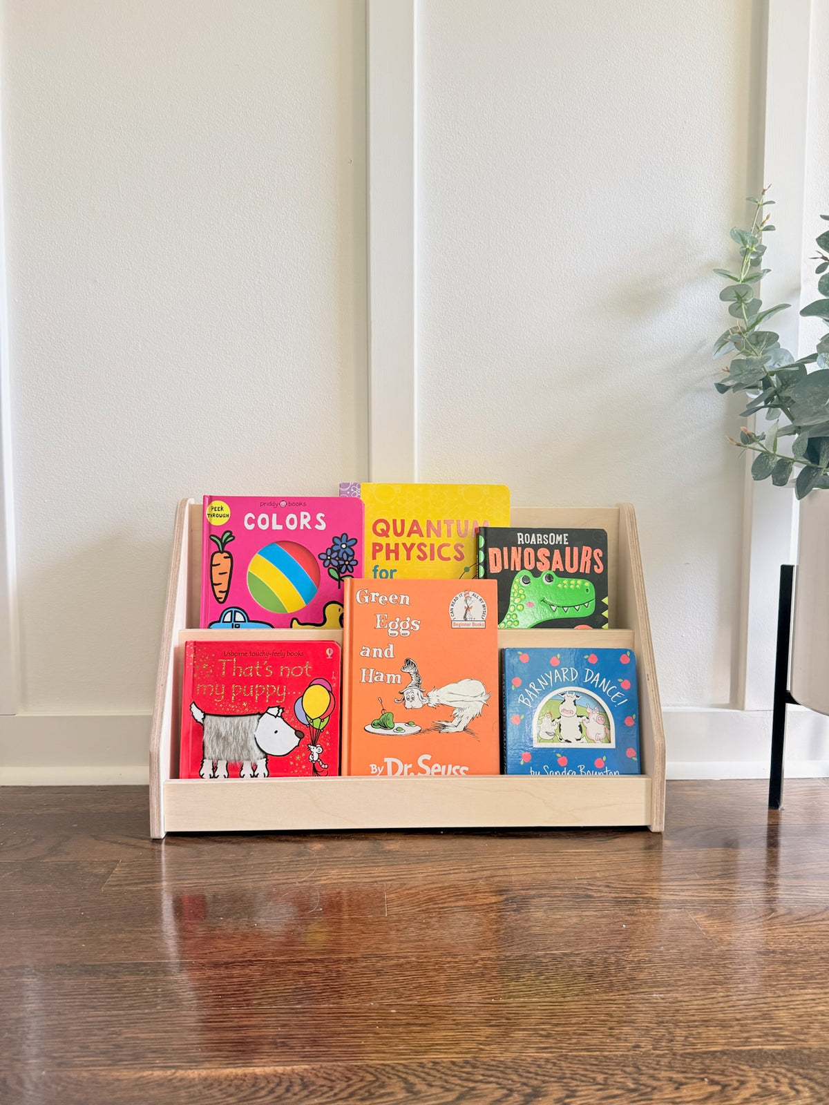A light natural wood bookshelf filled with colorful children's books, placed on a dark wood floor against a white paneled wall with a green plant in the background.