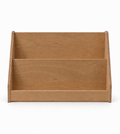 A two-tier wooden bookshelf organizer with a natural cherry wood finish, shown from a front angle on a white background.