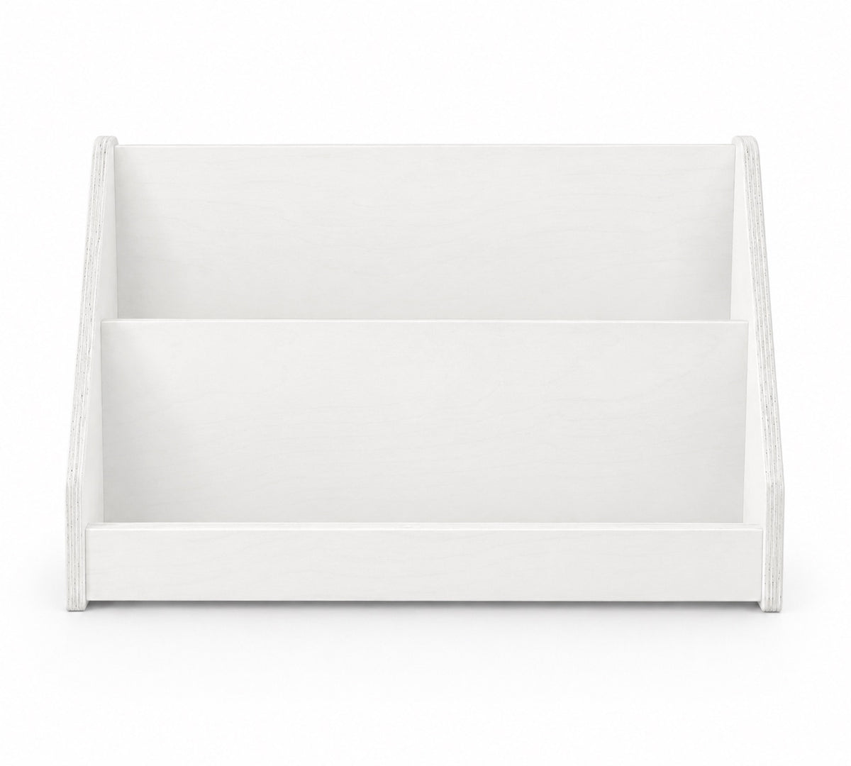 A white wooden two-tier organizer with a rustic, slightly distressed finish, shown from a front angle on a seamless white background.