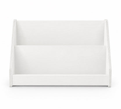 A white wooden two-tier organizer with a rustic, slightly distressed finish, shown from a front angle on a seamless white background.