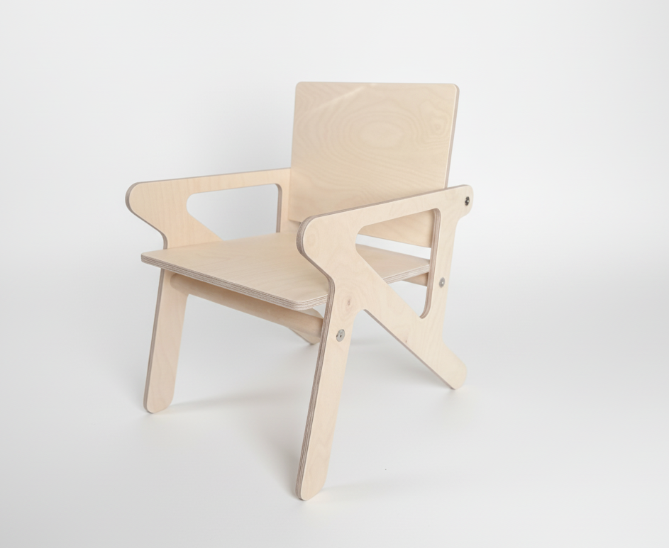 Wooden birch mid century modern children's chair on a white background