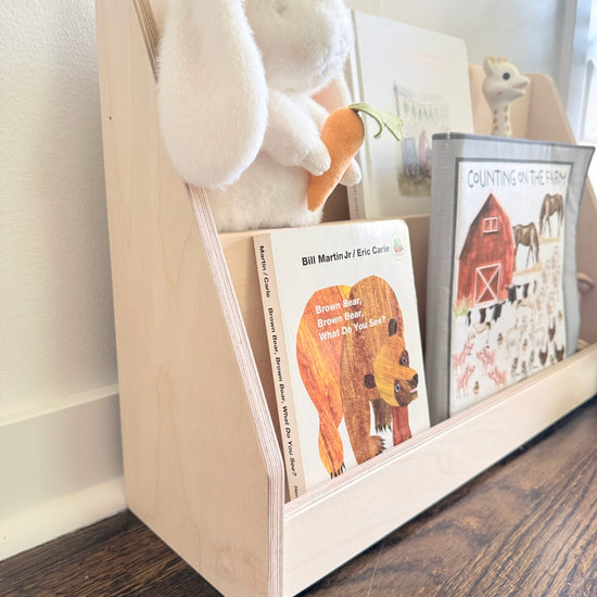 Video of hands placing baby plush and books on mini bookshelf