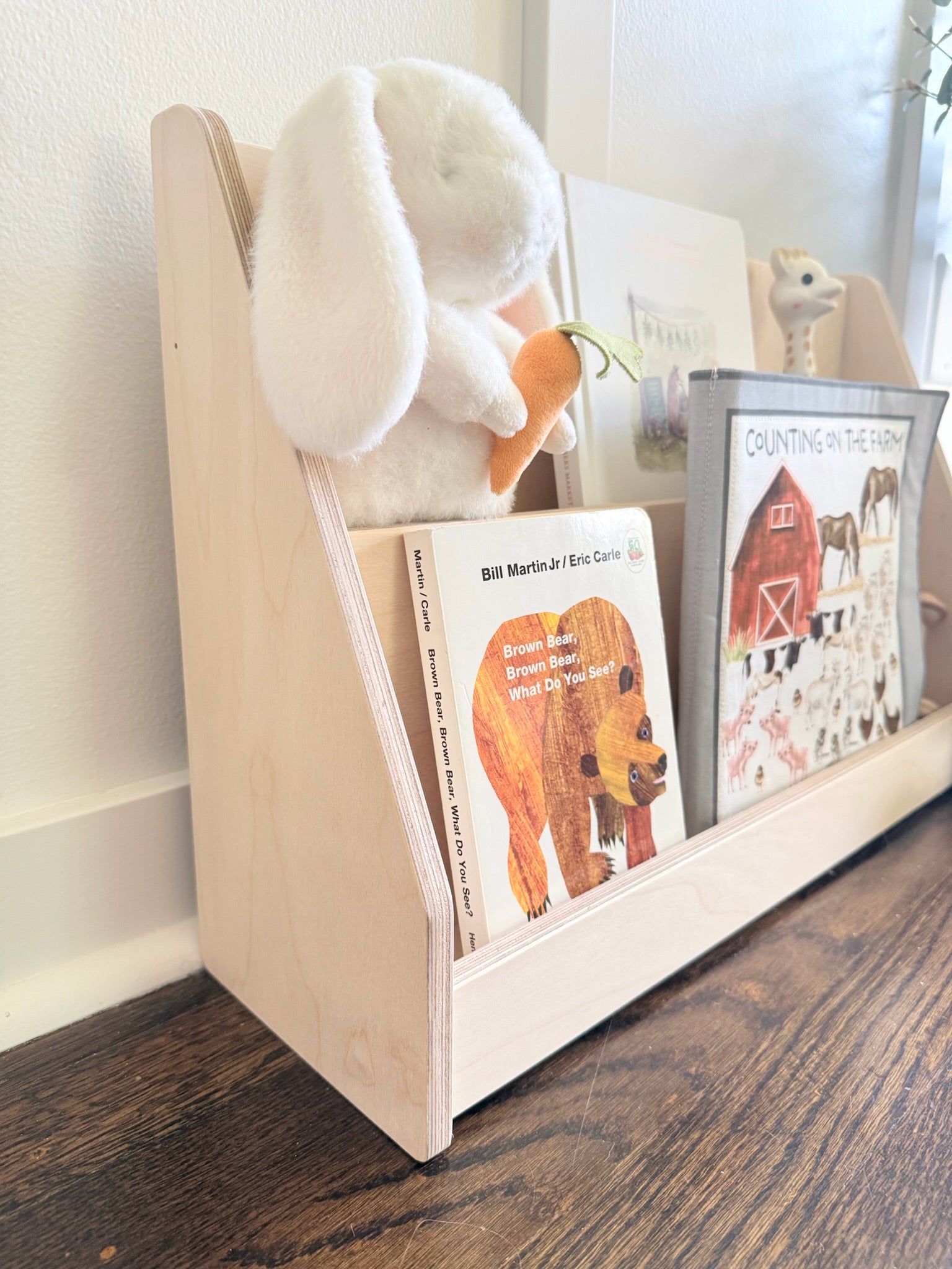 Video of hands placing baby plush and books on mini bookshelf